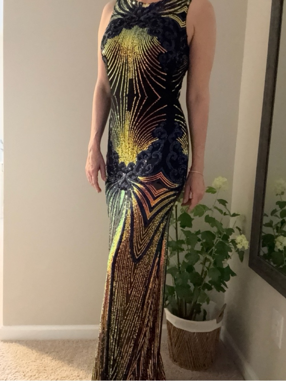 Fashion Nova Black Maxi Dress with Gold, Green and Orange Sequin Design